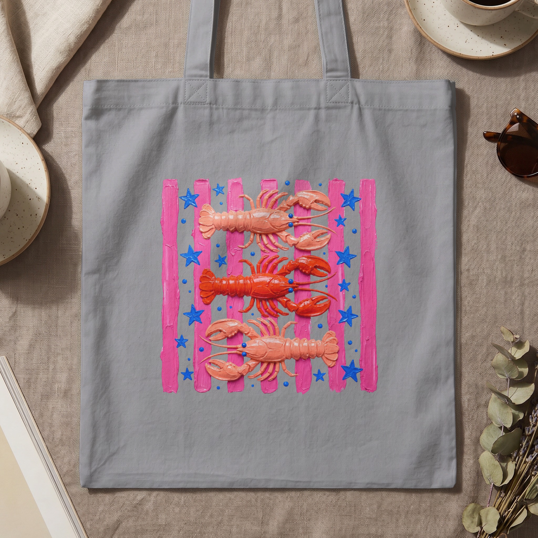 Lobster Tote Bag | Cute Pink Coastal Beach Summer Bag | Artistic Ocean Market Carryall with Star & Stripe Print - Image 3