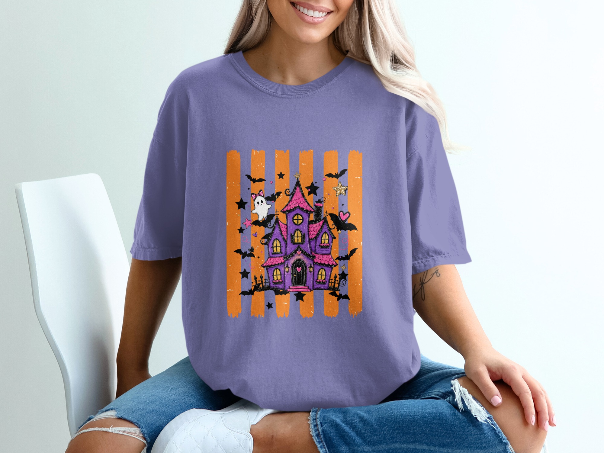 Spooky Cute Haunted House T-Shirt | Whimsical Halloween Tee with Ghosts & Bats | Purple Pink Aesthetic Fall Party Shirt Gift - Image 6