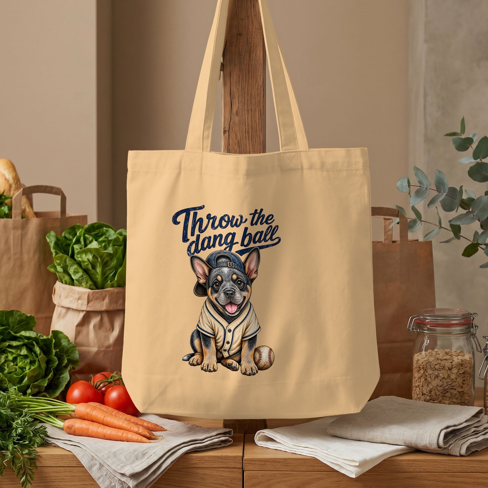 'Throw the dang ball' Baseball Puppy Tote Bag, Funny Dog Lover French Bulldog Owner Gift for Pet Moms Dads - Image 4