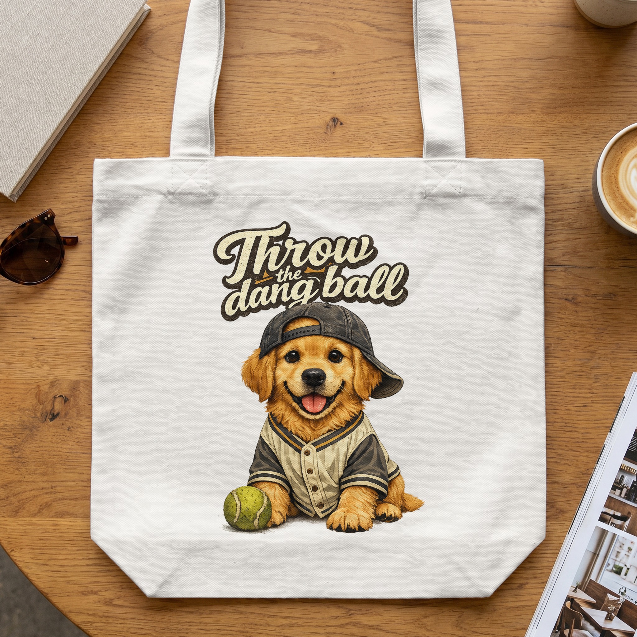 Golden Retriever Tote Bag, Funny Dog Baseball Cap Puppy Canvas Shopper Bag, 'Throw the Dang Ball' Pet Lover Gift
