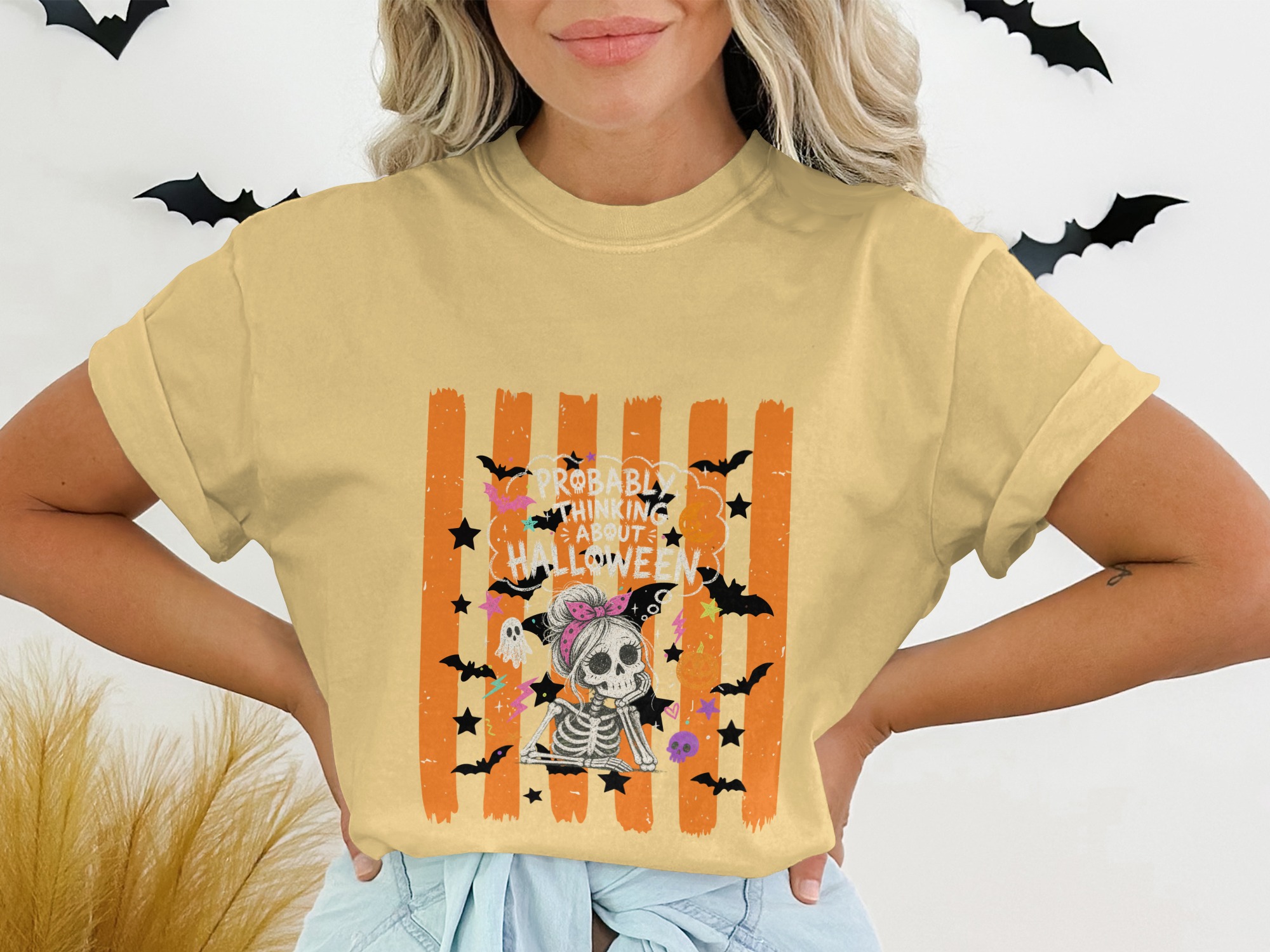 Probably Thinking About Halloween Cute Skeleton T-Shirt, Spooky Season Bat & Ghost Tee, Funny Fall Vibe Top For Women - Image 7