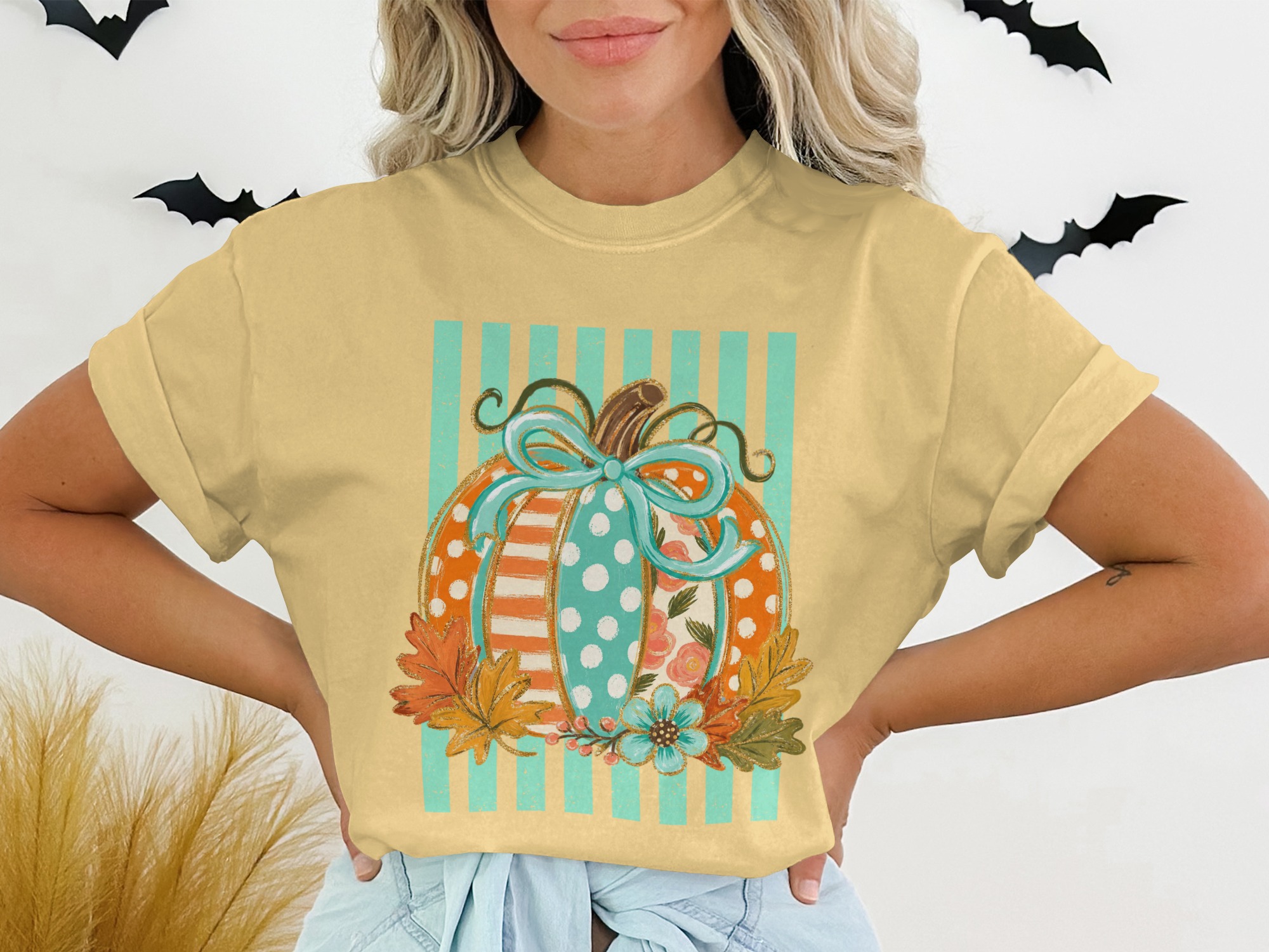 Cute Whimsical Fall Pumpkin T-Shirt, Patchwork Polka Dot Autumn Tee, Unique Thanksgiving Harvest Season Top - Image 13