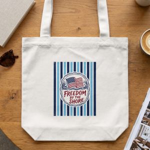 Freedom By The Shore Tote Bag, Patriotic American Flag Beach Carryall, Nautical Striped Summer Vacation Tote, 4th of July Gift