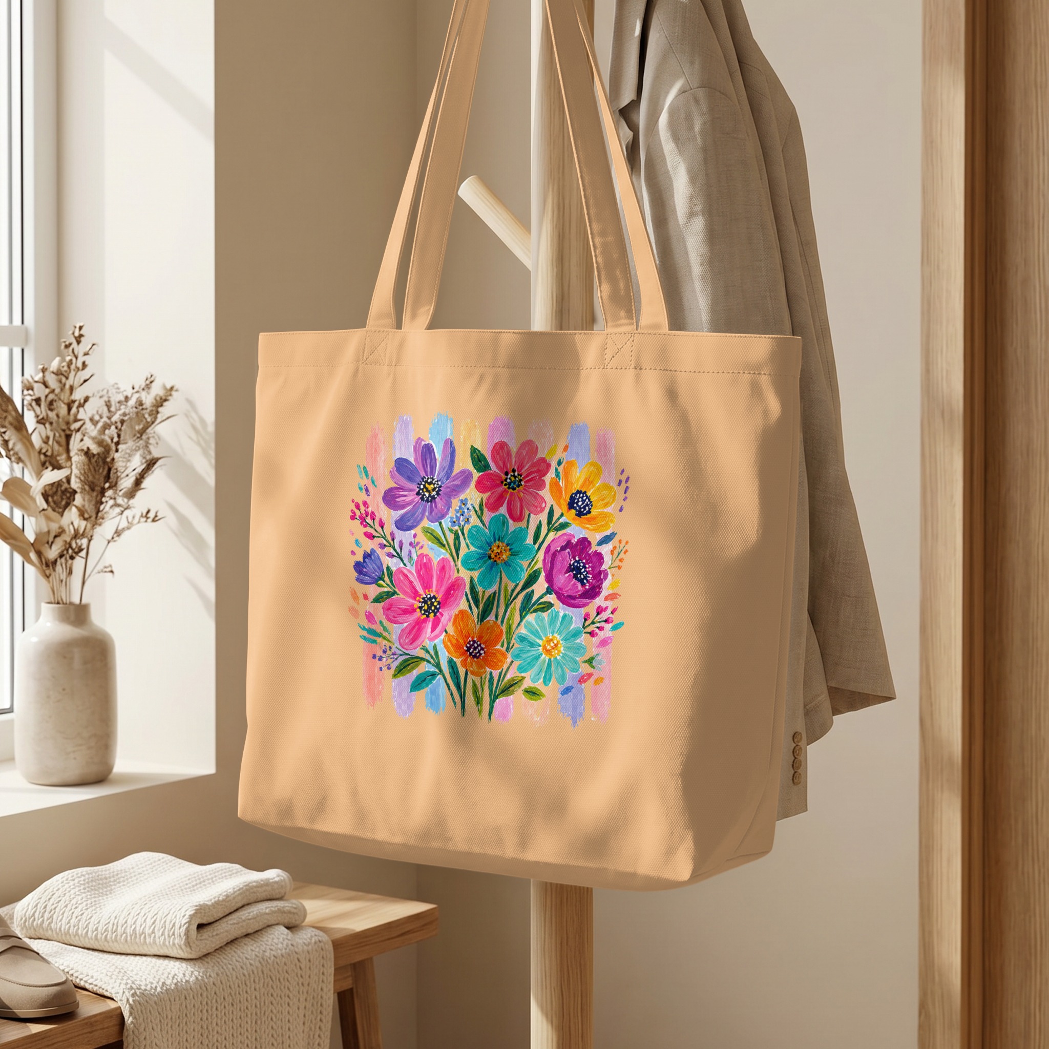 Vibrant Floral Tote Bag, Watercolor Boho Flower Market Shoulder Bag, Colorful Bloom Art Print Gift for Her, Everyday Chic Bag - Image 5