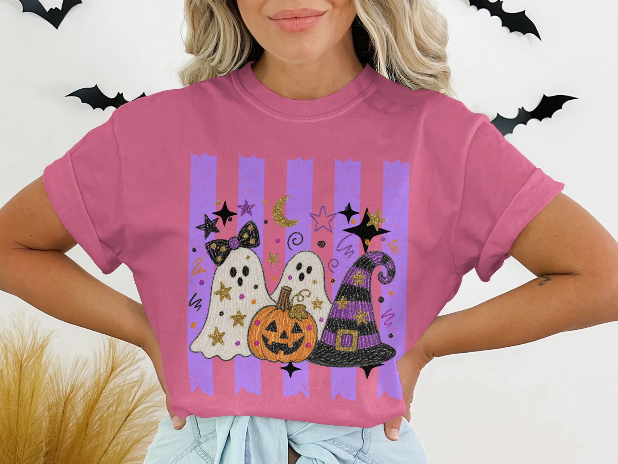 Cute Ghost Halloween T-Shirt, Spooky Pumpkin Witch Hat Graphic Tee, Faux Glitter Fall Festive Women's Purple Stripe Trick or Treat Apparel - Image 13
