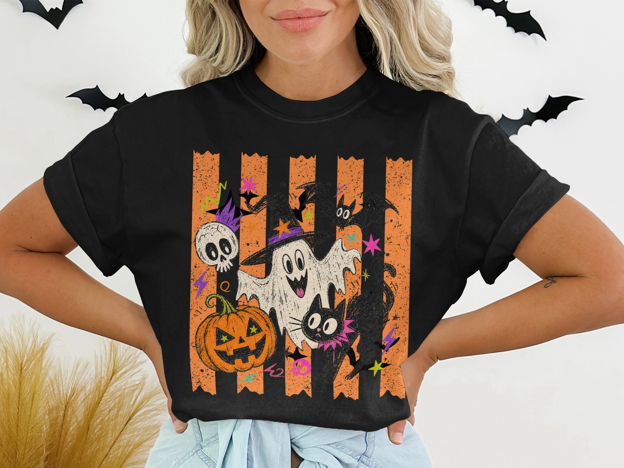 Retro Happy Halloween T-Shirt, Spooky Season Ghost Tee, Cute Pumpkin Black Cat Shirt, Vintage Fall Spooky Graphic TShirt Gift
