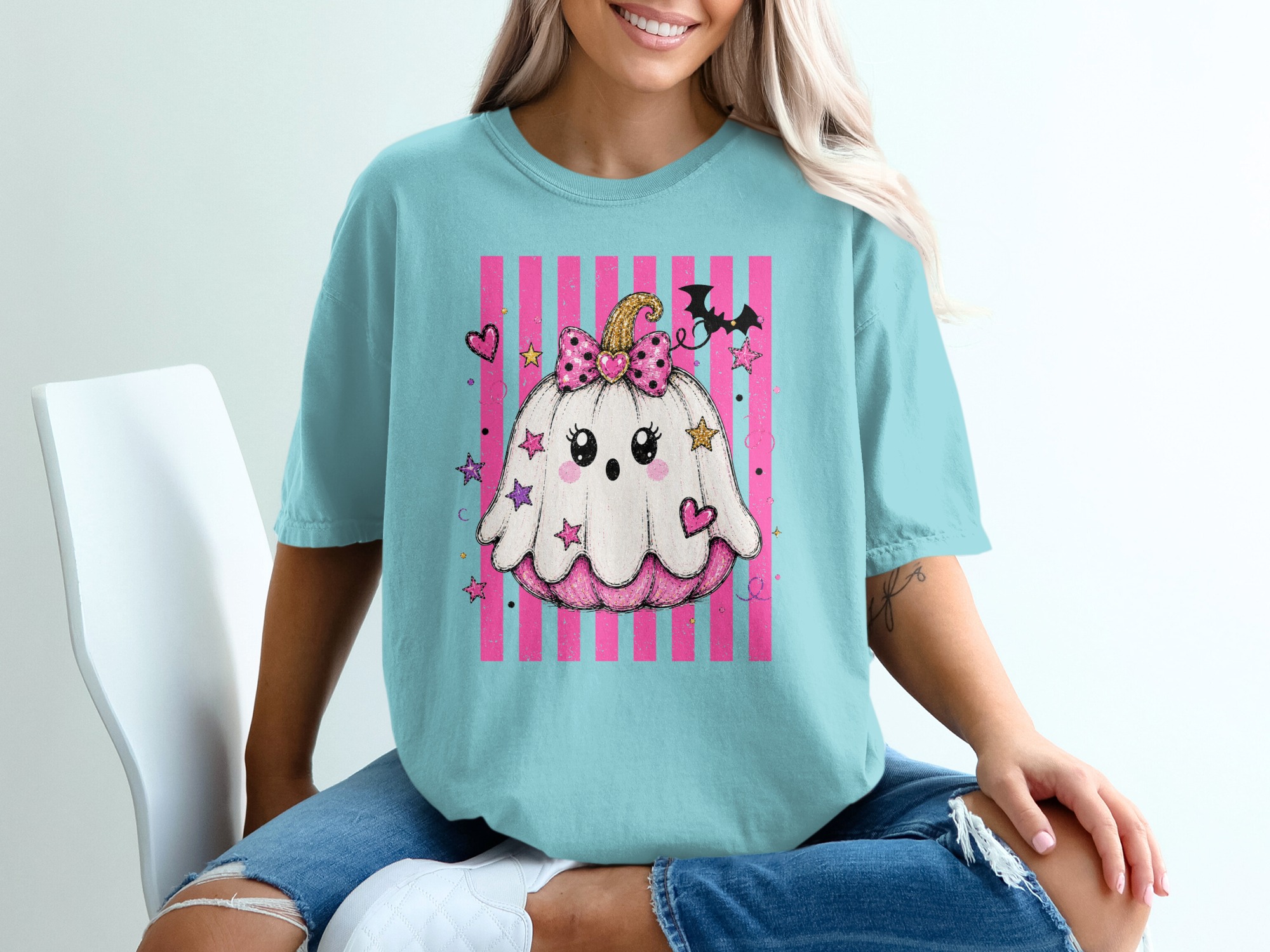 Cute Ghost Pumpkin Halloween Shirt, Spooky Kawaii Pumpkin T-Shirt, Pink Goth Halloween Tee, Trick or Treat Top - Image 8