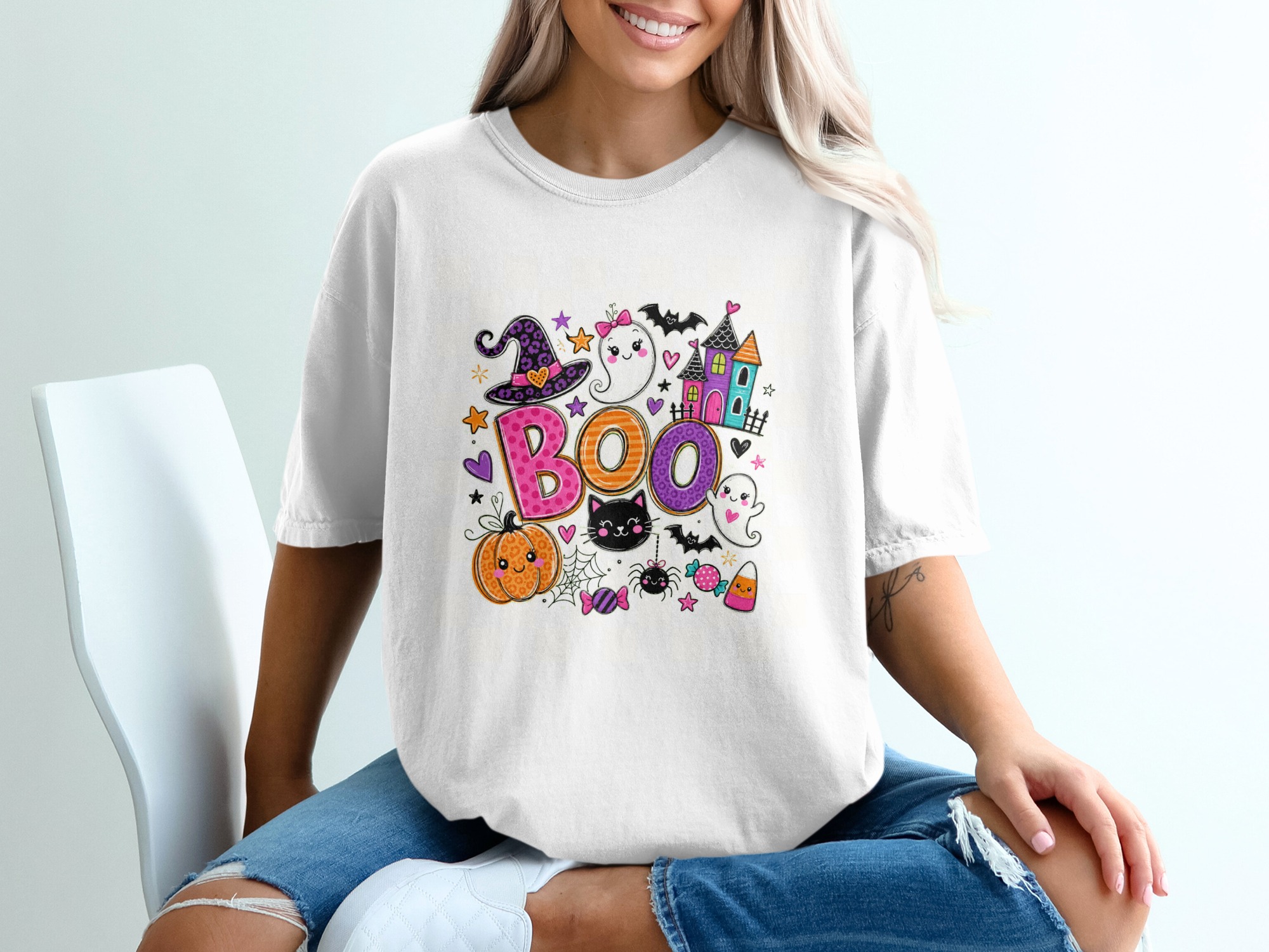 Cute Spooky Boo Halloween T-Shirt for Women, Aesthetic Boho Ghost Witch Hat Funny Pumpkin Trick or Treat Tee - Image 5
