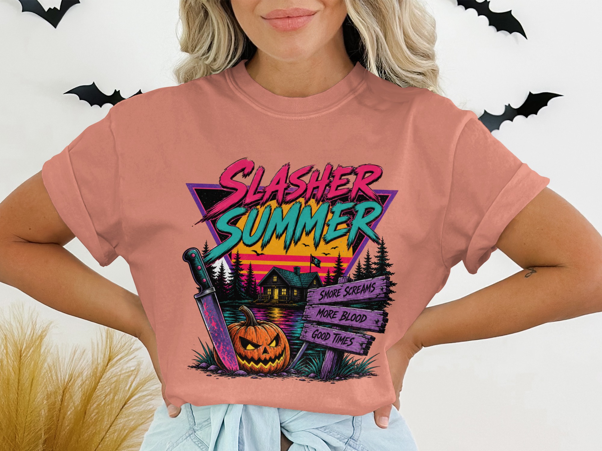 Slasher Summer Retro Horror T-Shirt, Neon Goth 80s 90s Aesthetic Halloween Graphic Tee, Spooky Season Synthwave Camp Slasher Shirt Gift - Image 2