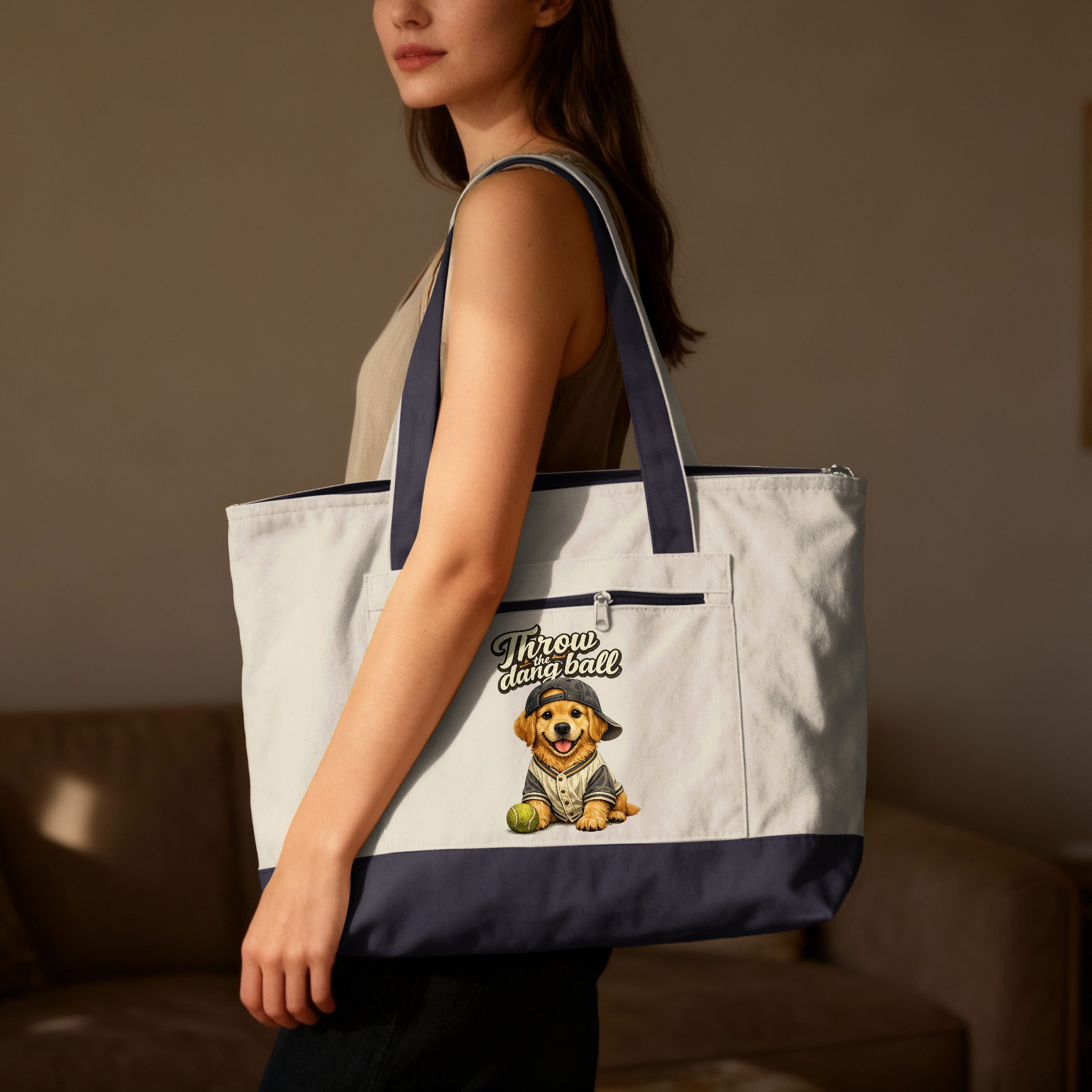 Golden Retriever Tote Bag, Funny Dog Baseball Cap Puppy Canvas Shopper Bag, 'Throw the Dang Ball' Pet Lover Gift - Image 7