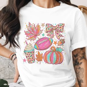 Comfort Colors ® Trendy Fall Shirt for Women, Cute Pink Pumpkin Football Bow Maple Leaf T-Shirt