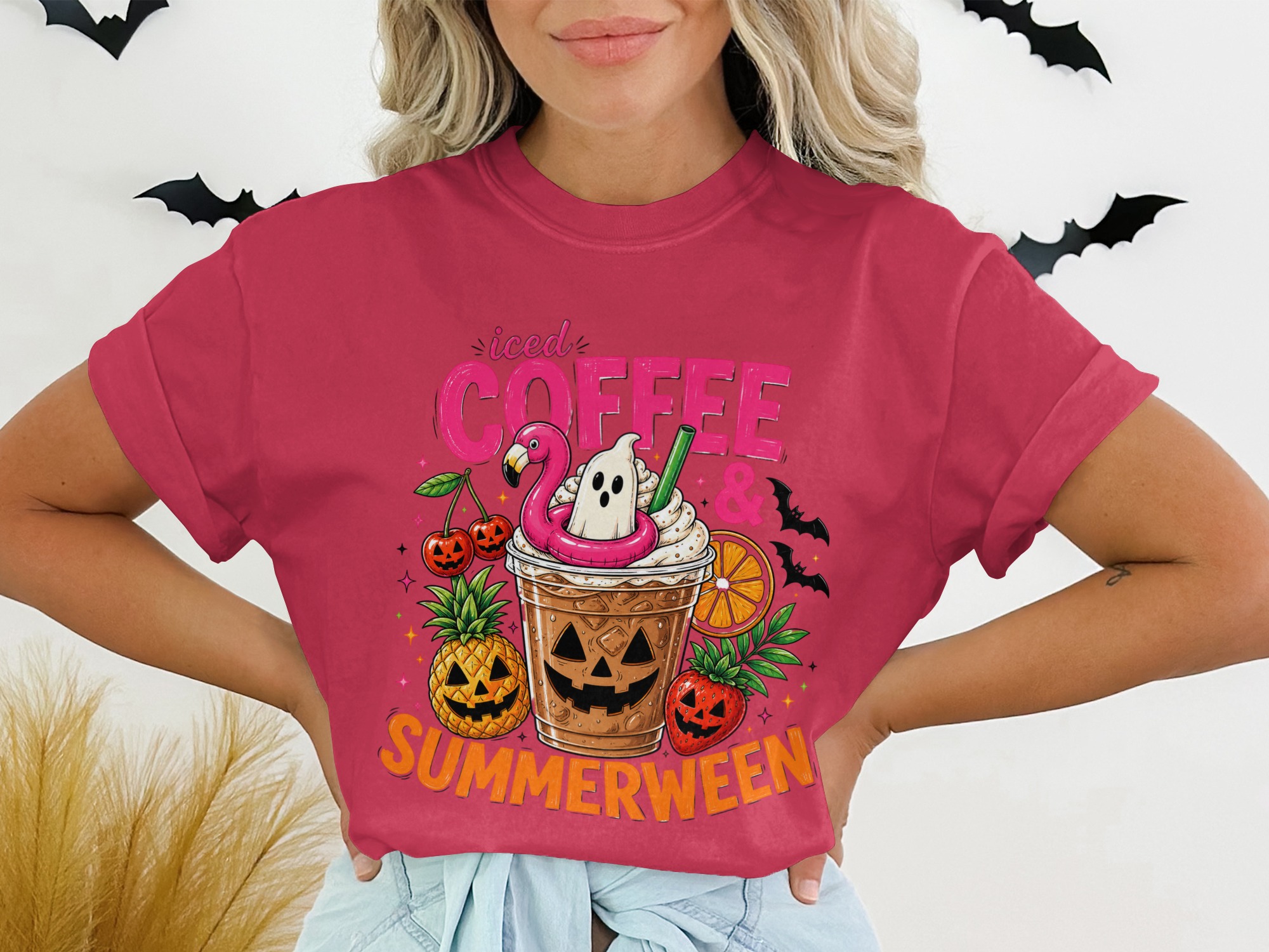 Iced Coffee & Summerween T-Shirt, Spooky Season Beach Lover Tee, Halloween in July Graphic Top, Funny Autumn Fall Shirt - Image 5