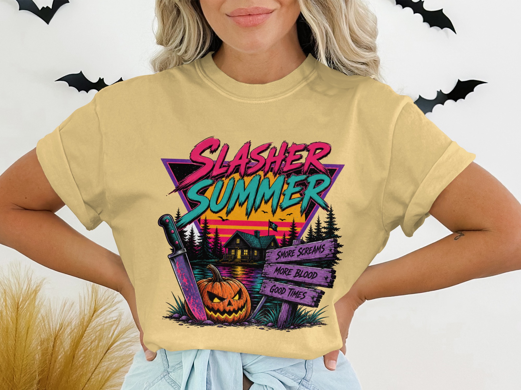 Slasher Summer Retro Horror T-Shirt, Neon Goth 80s 90s Aesthetic Halloween Graphic Tee, Spooky Season Synthwave Camp Slasher Shirt Gift - Image 7