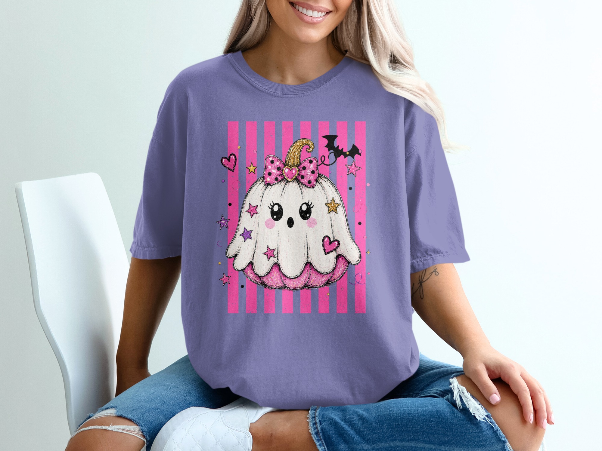 Cute Ghost Pumpkin Halloween Shirt, Spooky Kawaii Pumpkin T-Shirt, Pink Goth Halloween Tee, Trick or Treat Top - Image 6