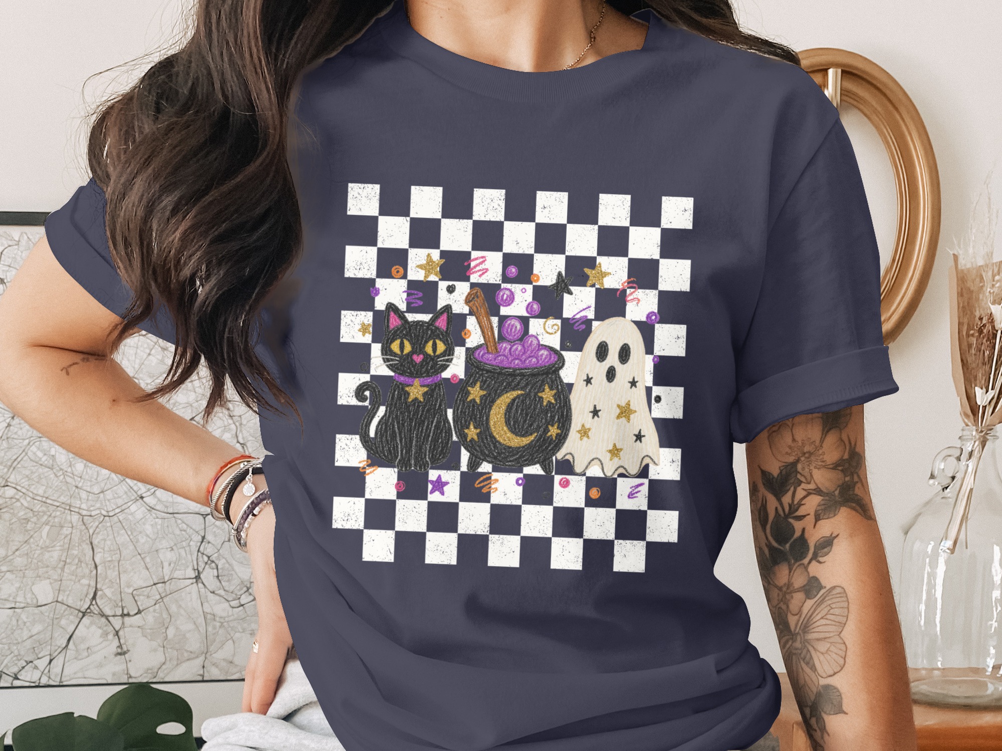 Spooky Cute Halloween T-Shirt | Whimsical Black Cat Cauldron Ghost Tee | Celestial Autumn Graphic Shirt | Fun Fall Season Gift for Her - Image 3
