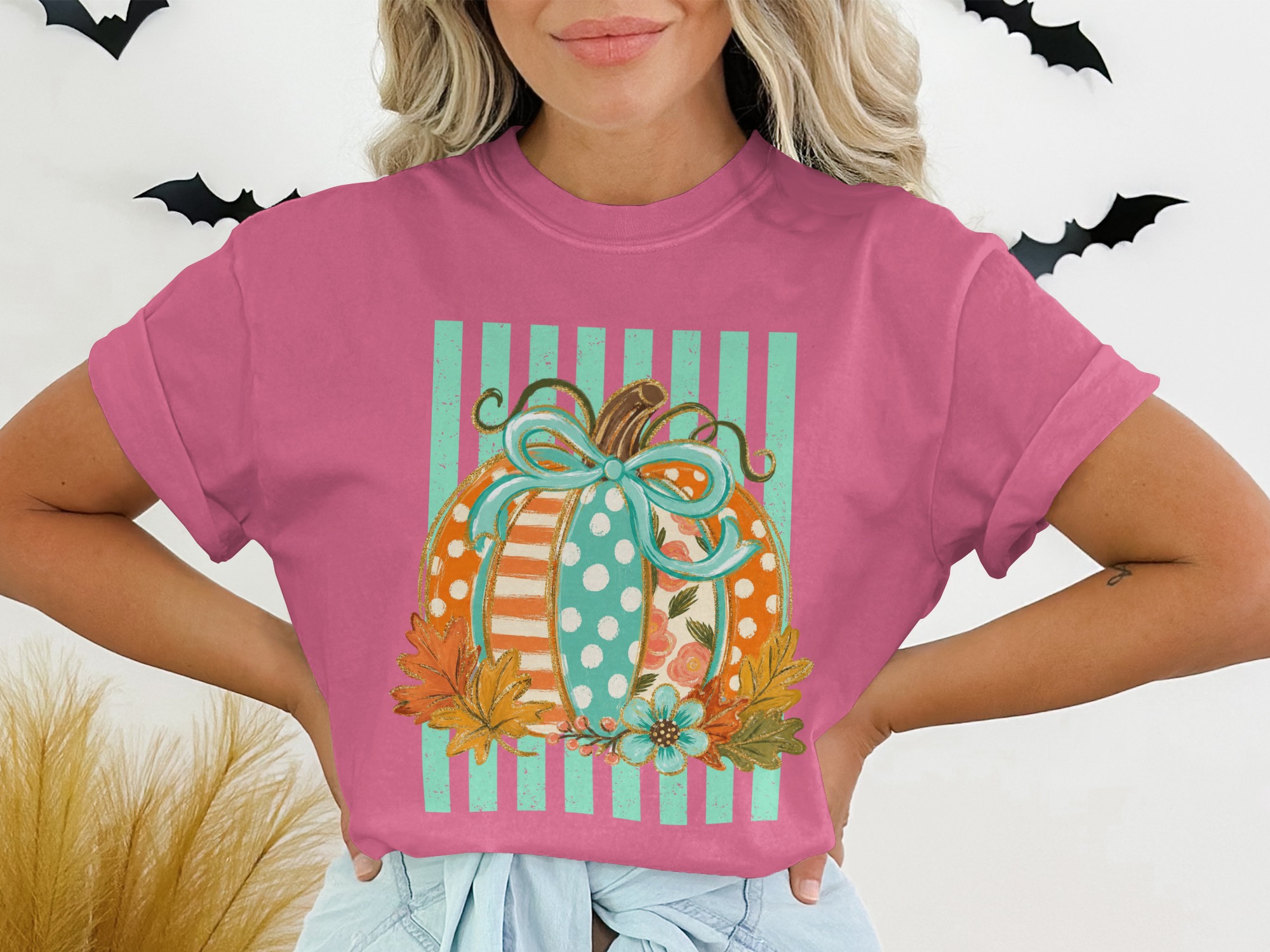 Cute Whimsical Fall Pumpkin T-Shirt, Patchwork Polka Dot Autumn Tee, Unique Thanksgiving Harvest Season Top - Image 12