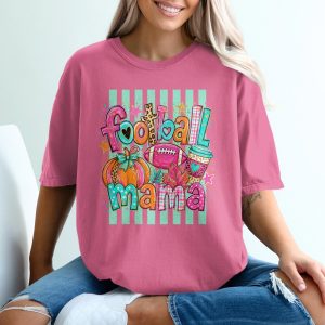 Football Mama T-Shirt for Game Day Fall Season | Cozy Pumpkin Leopard Print Cross Christian Mom Tee Gift for Her