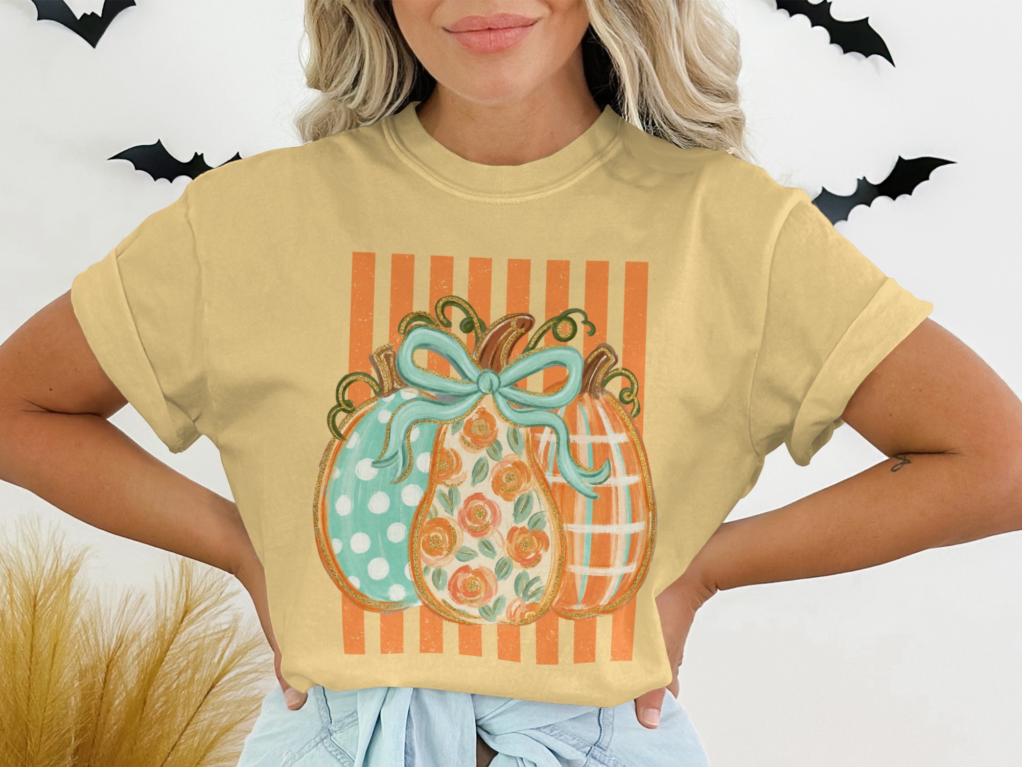 Cozy Autumn Pumpkins T-Shirt | Women's Fall Decor Graphic Tee with Faux Gold Outline & Teal Bow for Harvest Season - Image 13