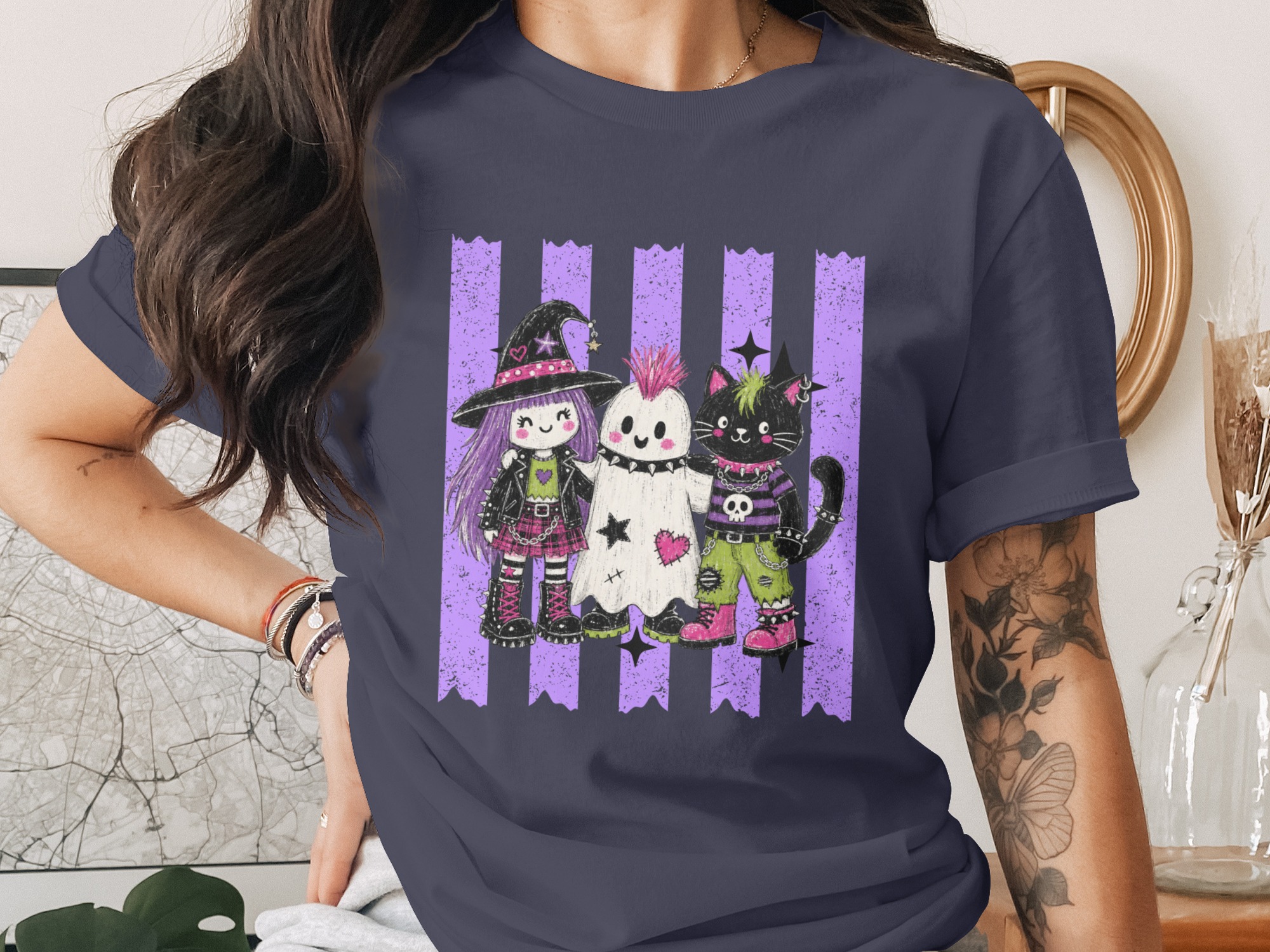 Spooky Cute Goth Friends T-Shirt, Pastel Punk Rock Witch Ghost Cat Halloween Shirt, Alternative Aesthetic Crewneck Tee - Image 12