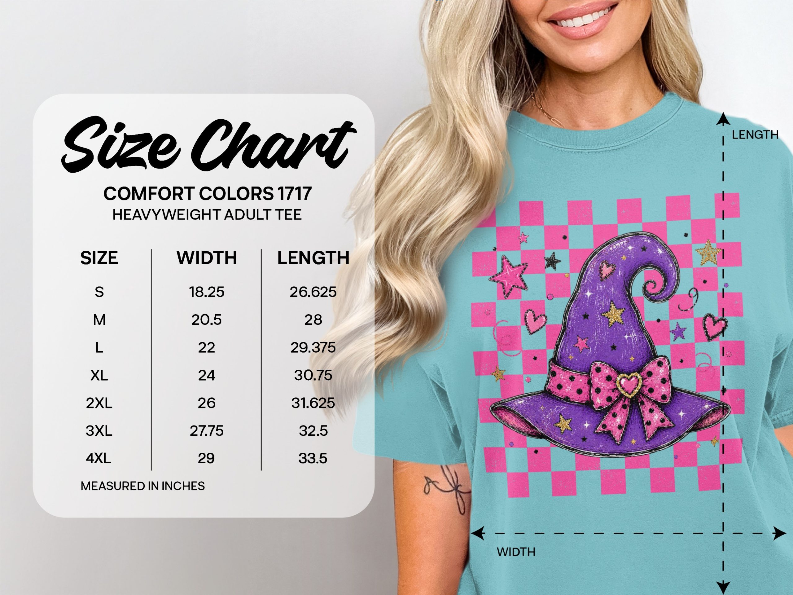 Cute Witch Hat T-Shirt with Pink Checkerboard Background & Stars | Whimsical Halloween Aesthetic Tee - Image 6