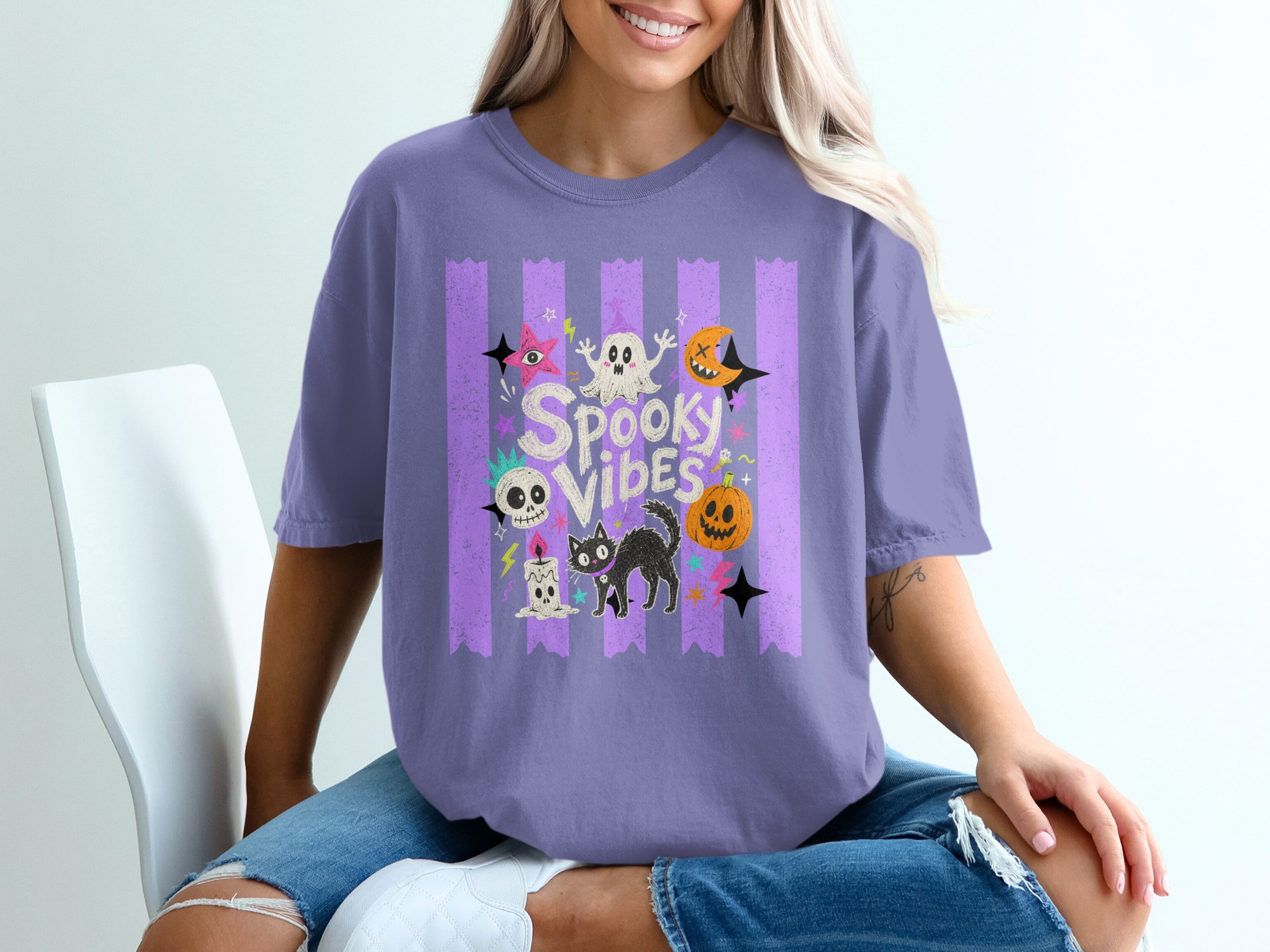 Spooky Vibes T-Shirt, Cute Ghost Black Cat Halloween Shirt, Whimsigoth Pastel Goth Aesthetic Pumpkin Skull T-Shirt, Retro Spooky Season Gift - Image 5