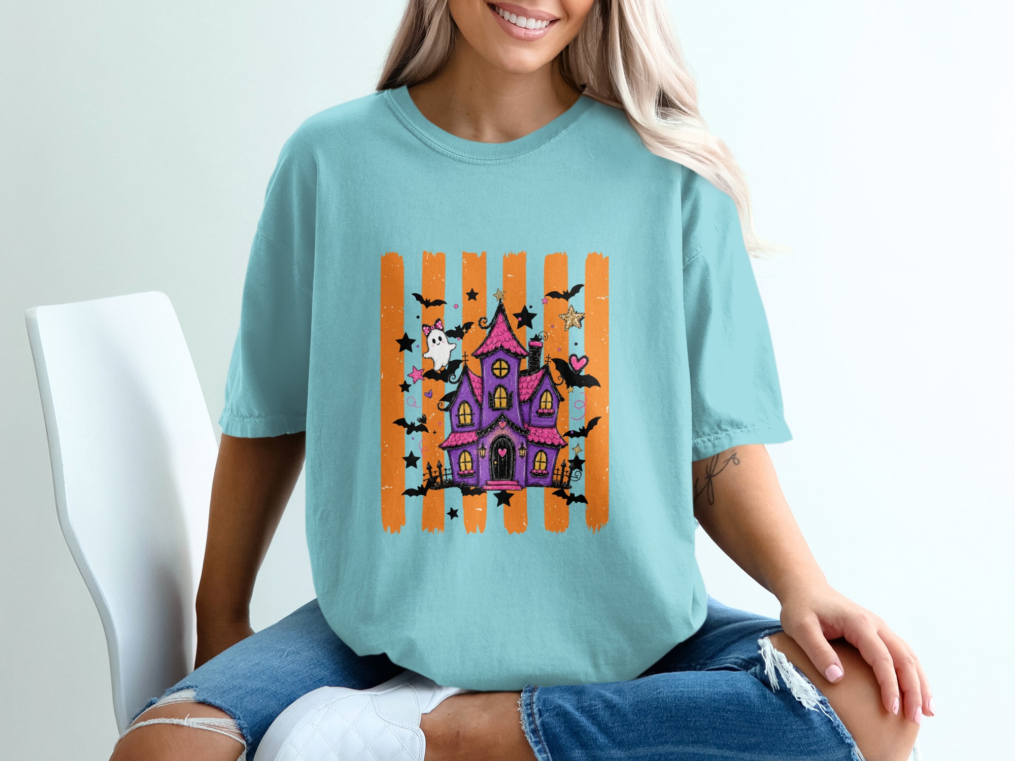 Spooky Cute Haunted House T-Shirt | Whimsical Halloween Tee with Ghosts & Bats | Purple Pink Aesthetic Fall Party Shirt Gift - Image 8