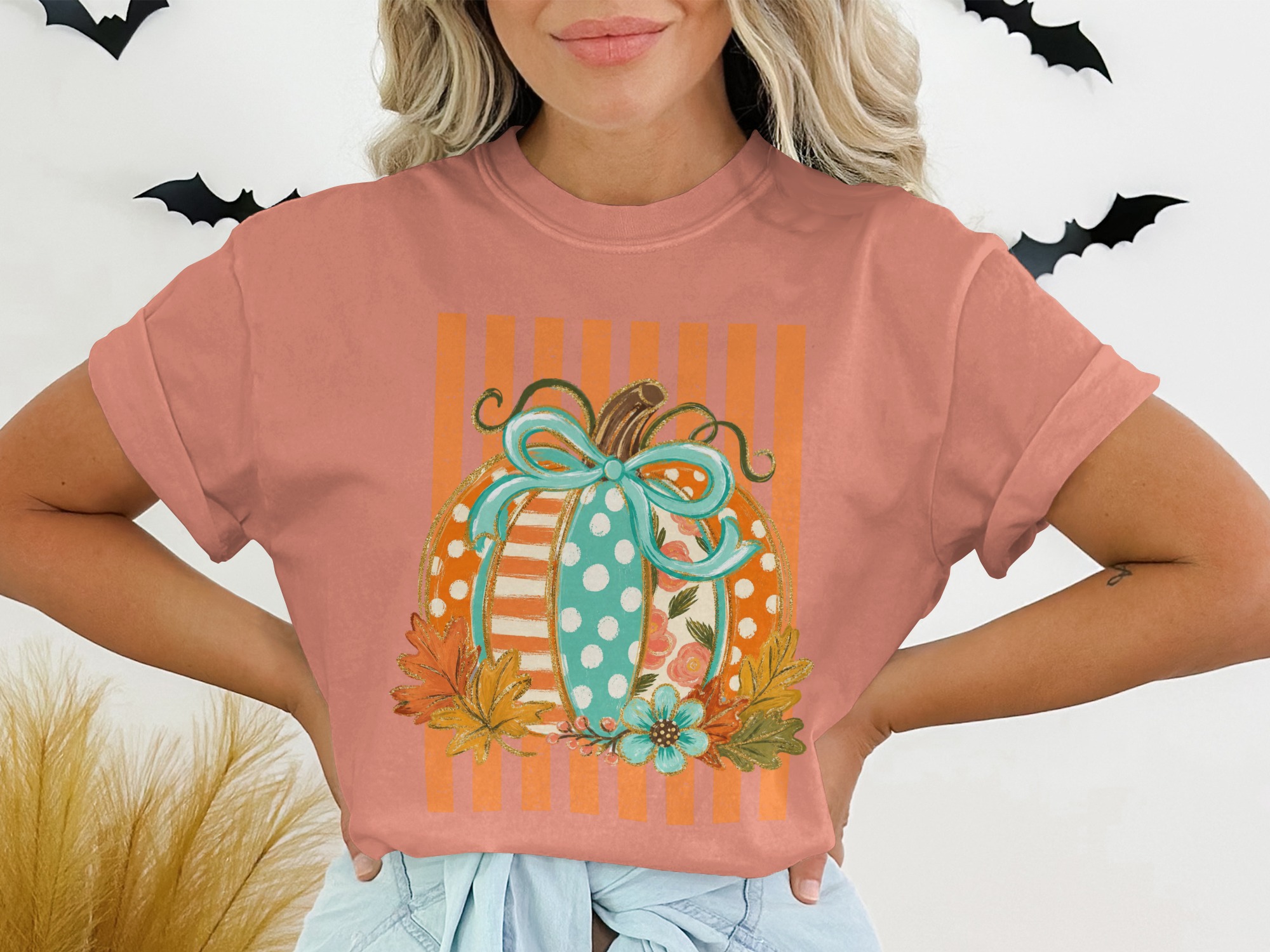 Whimsical Pumpkin T-Shirt, Cute Fall Graphic Tee, Boho Polka Dot Floral Autumn Shirt, Thanksgiving Harvest Top, Cozy Festive Apparel Gift - Image 2