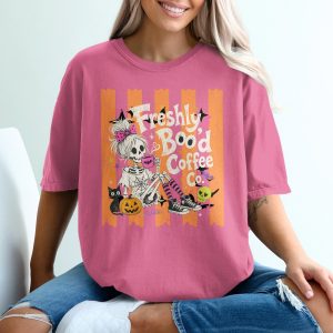 Freshly Brewed Coffee Skeleton T-Shirt, Spooky Season Tee, Halloween Coffee Lover Shirt, Cute Goth Skull Top