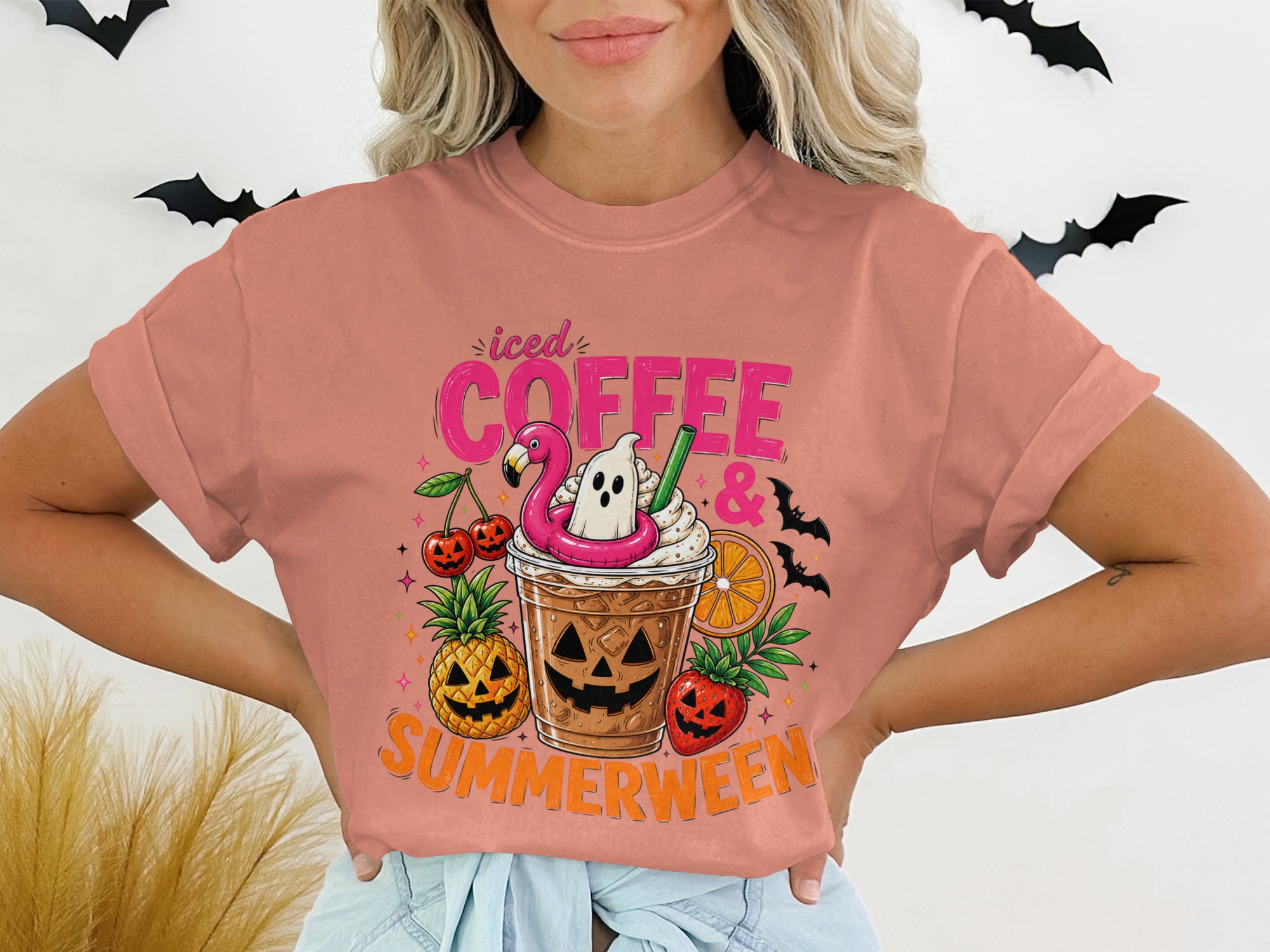 Iced Coffee & Summerween T-Shirt, Spooky Season Beach Lover Tee, Halloween in July Graphic Top, Funny Autumn Fall Shirt - Image 2