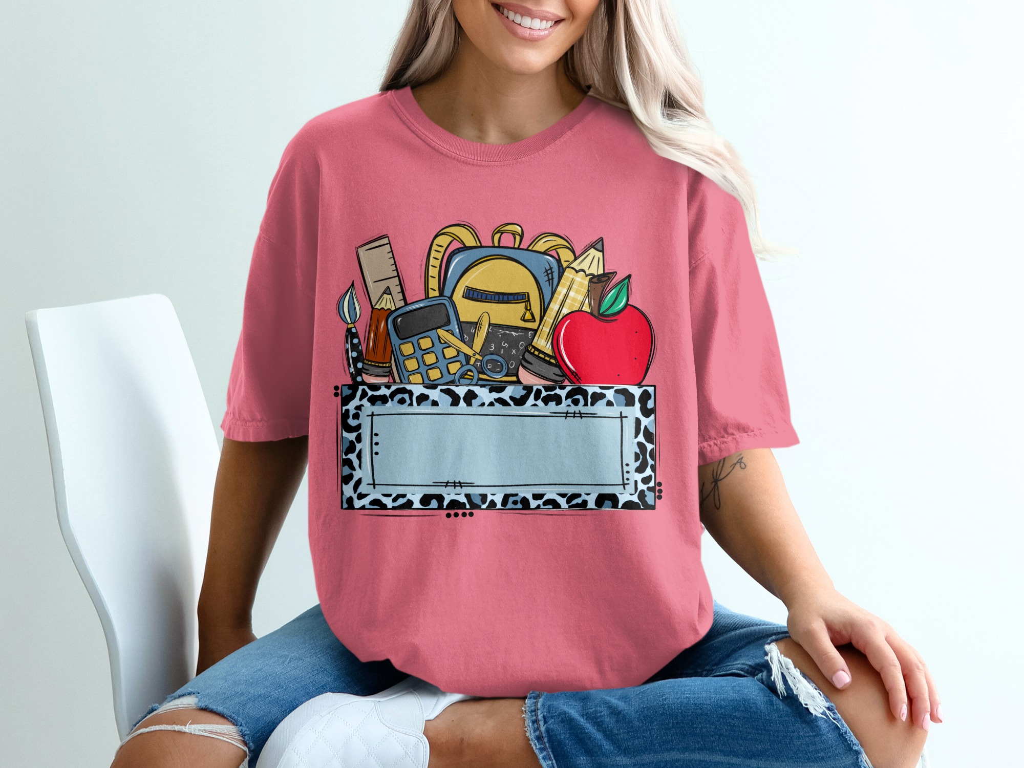 Custom Teacher T-Shirt, Personalized School Supplies Tee with Blue Leopard Print, Back to School Educator Gift, Made to Order Mascot Name - Image 16