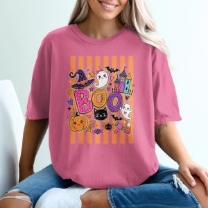 Cute Spooky Boo Halloween T-Shirt for Women, Fun Kawaii Ghost Witch Hat Pumpkin Candy Corn Tee Top Gift