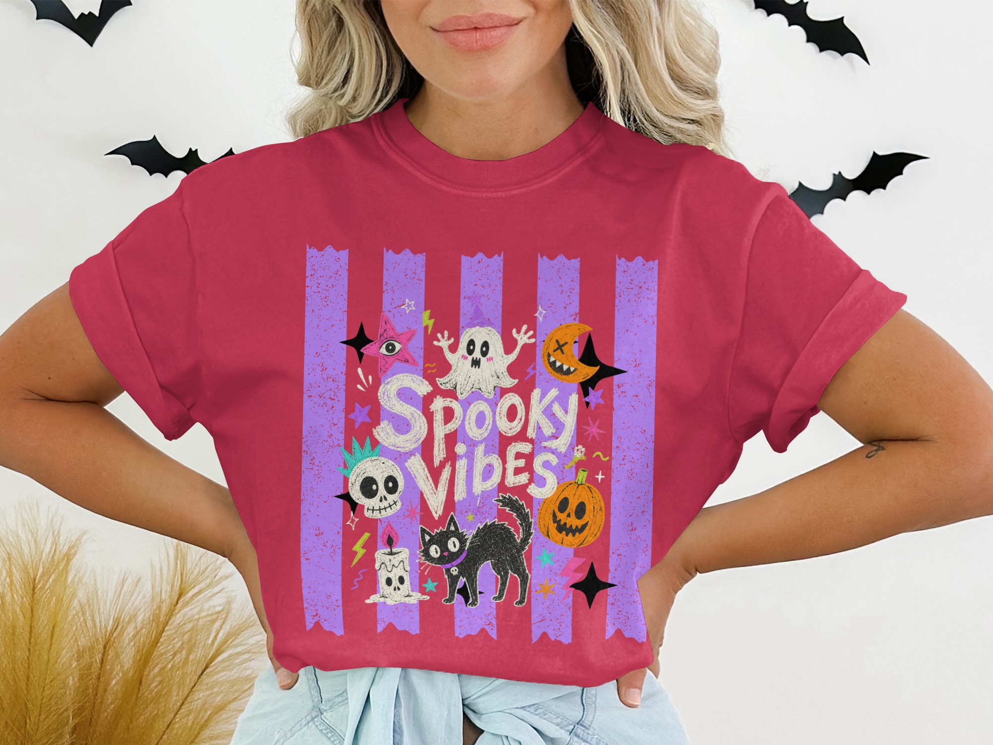 Spooky Vibes T-Shirt, Cute Ghost Black Cat Halloween Shirt, Whimsigoth Pastel Goth Aesthetic Pumpkin Skull T-Shirt, Retro Spooky Season Gift - Image 11