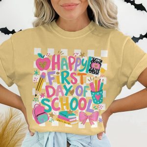 Happy First Day of School T-Shirt for Teachers & Students, Cute Back to School Tee, Rainbow Teacher Gift Idea