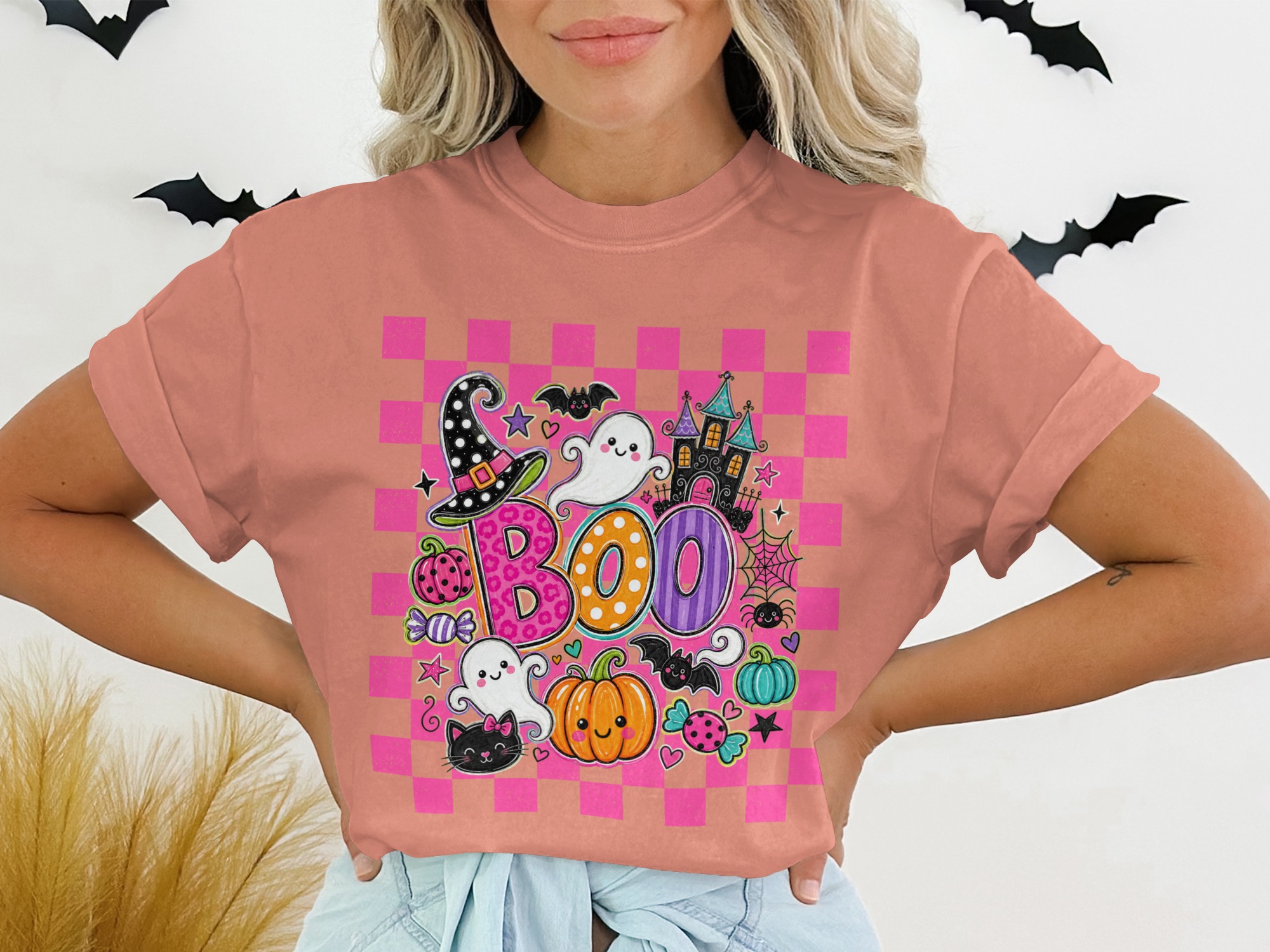 Cute Spooky Season Boo Shirt, Retro Halloween Graphic Tee, Pink Checkered Ghost Pumpkin Bat T-Shirt for Women - Image 2