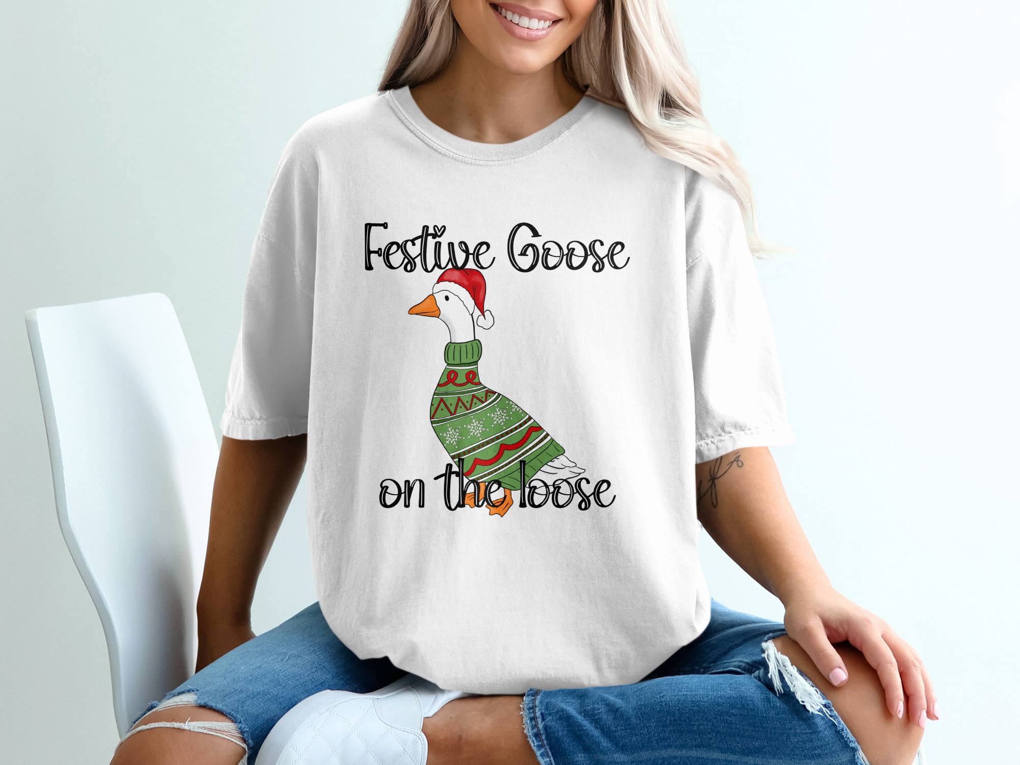 Festive Goose On The Loose T-Shirt, Funny Christmas Goose Shirt, Ugly Sweater Holiday Party Tee, Xmas Gift for Her Him Friend - Image 6
