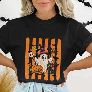Spooky Cute Ghost Halloween T-Shirt, Vintage Style Witch Hat Black Cat Pumpkin Shirt, Whimsical Fall October Party Graphic Tee Gift For Her