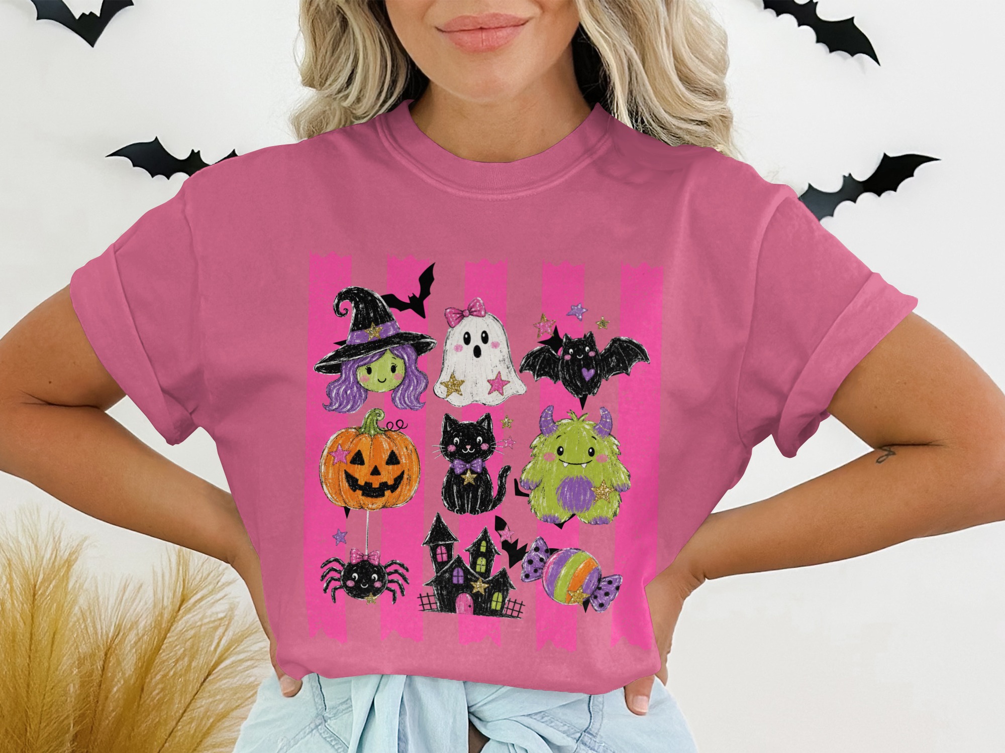 Cute Halloween T-Shirt, Spooky Season Witch Ghost Bat Pumpkin Cat Monster Spider Haunted House Candy Pink Stripes Graphic Tee - Image 13