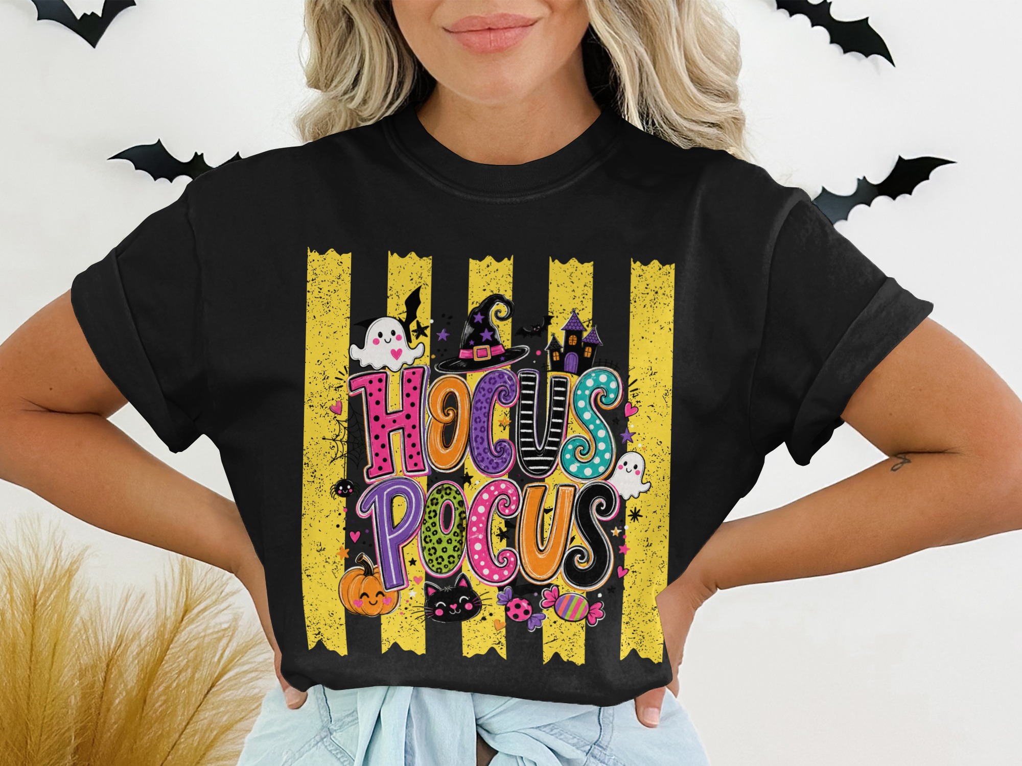 Hocus Pocus Halloween T-Shirt | Cute Spooky Season Witch Tee with Ghosts, Pumpkin, Black Cat & Bats | Fall Party Top for Women - Image 2