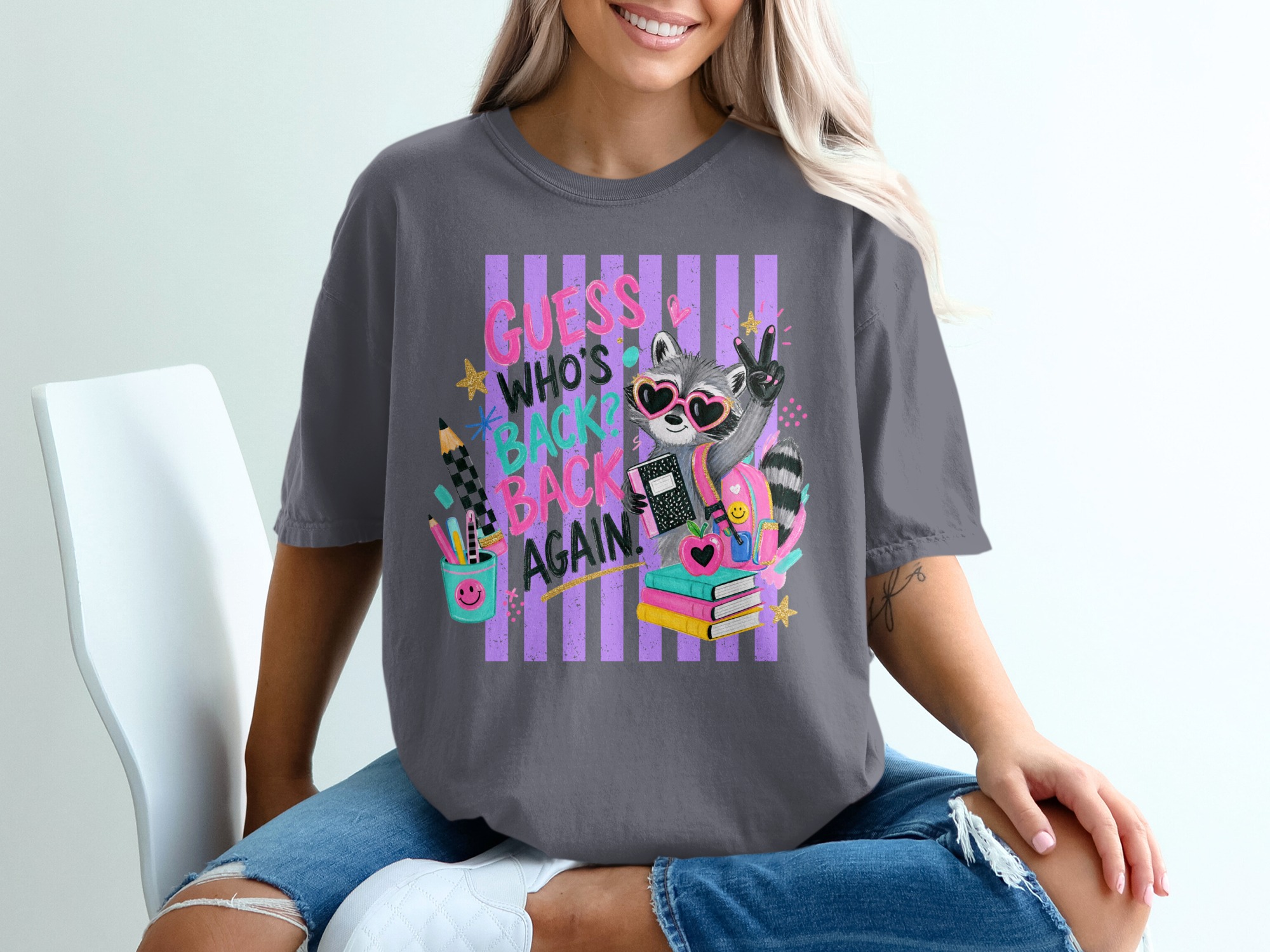 Back To School Raccoon T-Shirt, Guess Who's Back Again Teacher Shirt, First Day Of School Student Tee, Cute Animal Graphic Top - Image 5