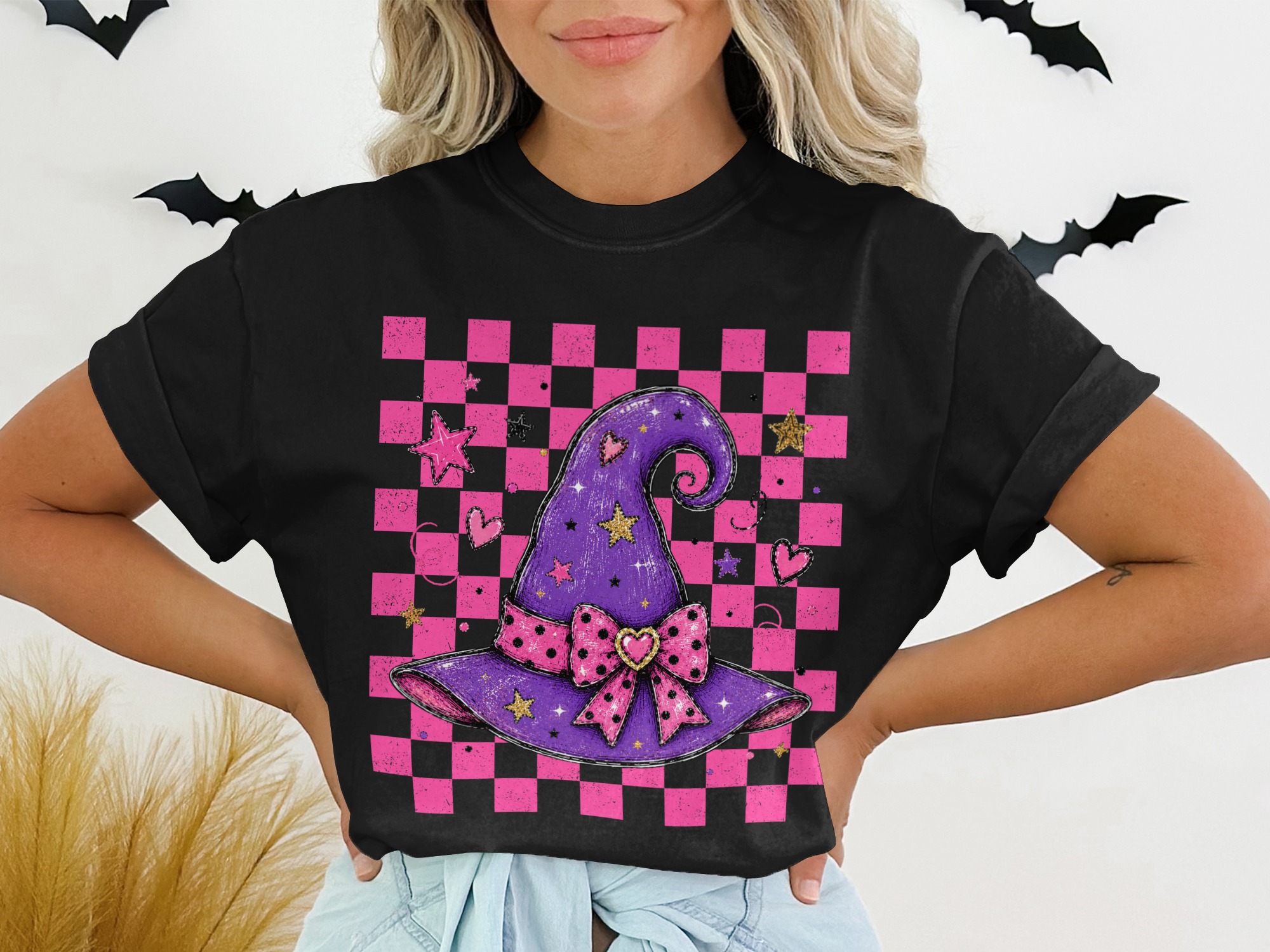 Cute Witch Hat T-Shirt with Pink Checkerboard Background & Stars | Whimsical Halloween Aesthetic Tee
