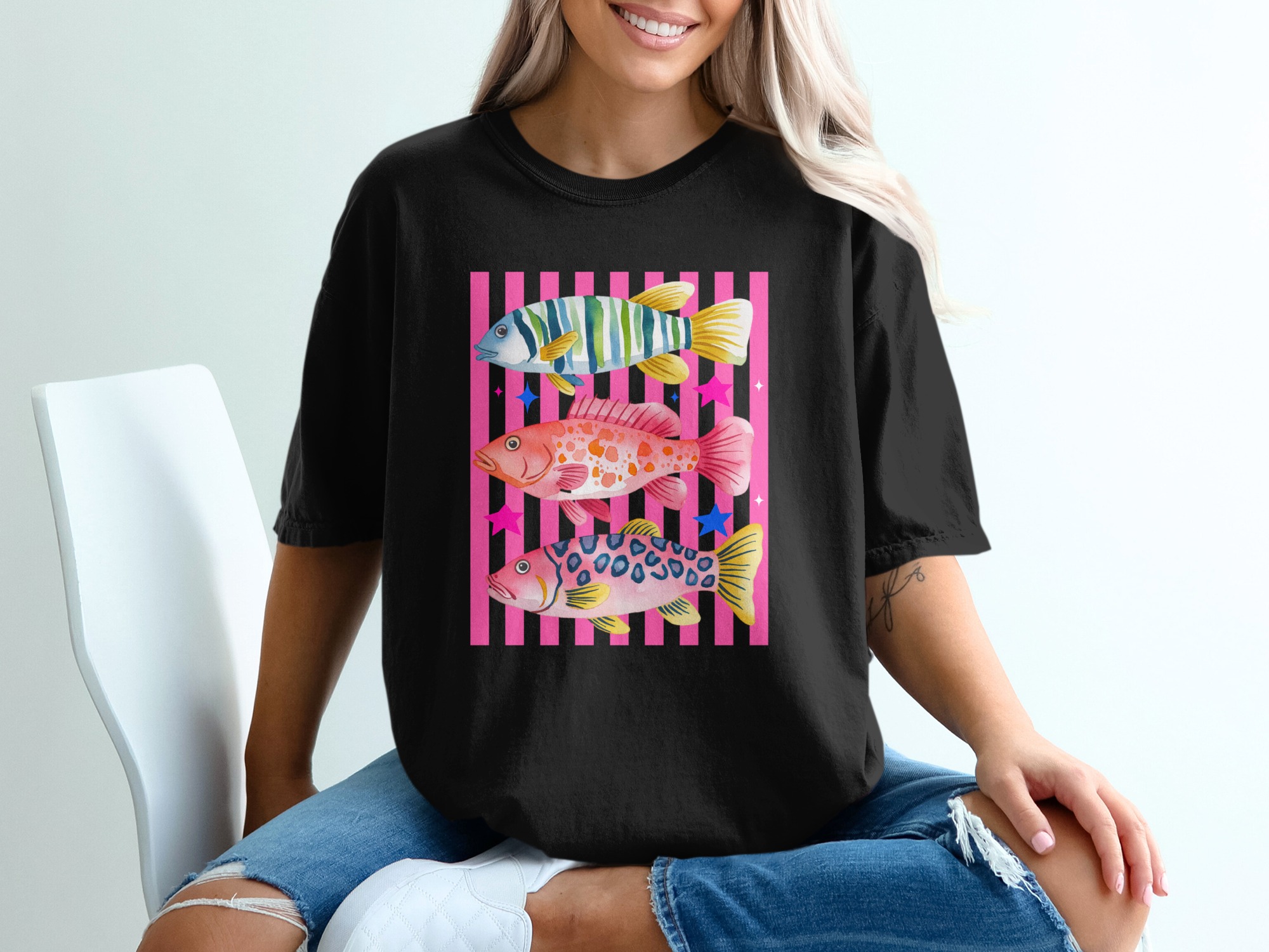 Vibrant Watercolor Fish T-Shirt, Comfort Colors ®, Tropical Ocean Life Tee, Pink Stripe Background, Summer Beach Vacation Gift for Her - Image 2