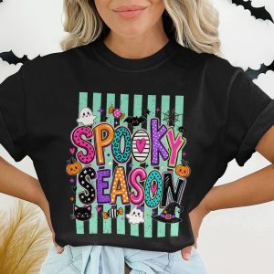 Spooky Season T-Shirt, Cute Halloween Ghost Pumpkin Shirt, Colorful Fall Witch Hat Candy Tee, Fun October Vibes Women's Top