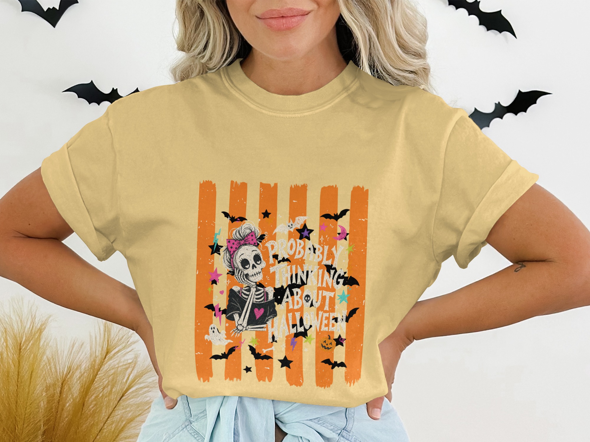 'Probably Thinking About Halloween' Skeleton T-Shirt | Messy Bun Skull Spooky Season Gift | Cute Witchy Bat & Ghost Fall Tee | Retro - Image 7