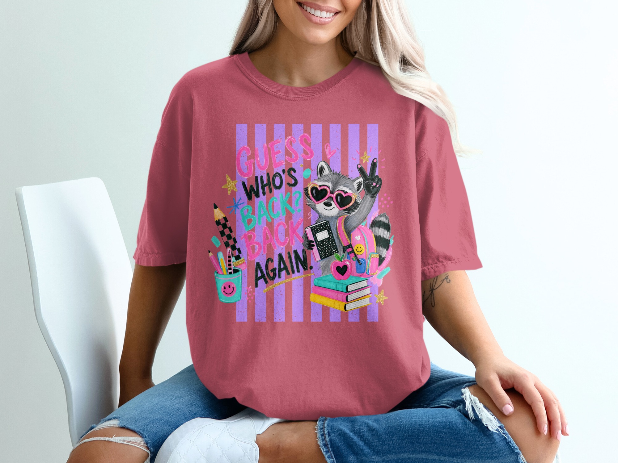 Back To School Raccoon T-Shirt, Guess Who's Back Again Teacher Shirt, First Day Of School Student Tee, Cute Animal Graphic Top - Image 7