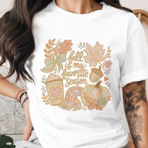 Comfort Colors ® Fall is My Favorite Season T-Shirt, Pastel Autumn Leaves Pumpkin Spice Latte Cozy Vibes Tee, Shimmer Glitter Effect Graphic