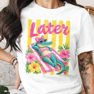 Later Gator T-Shirt, Funny Alligator Beach Vacation Shirt, Tropical Hibiscus Flower Summer Relaxed Graphic Top, Cute Pink Bikini Crocodile