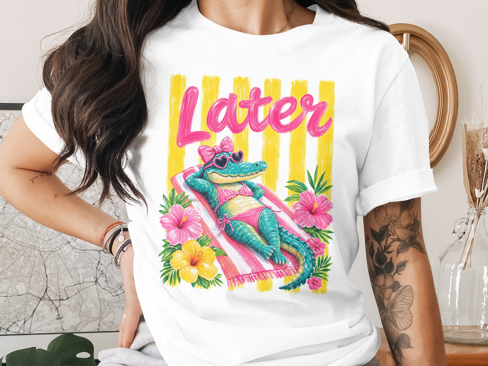 Later Gator T-Shirt, Funny Alligator Beach Vacation Shirt, Tropical Hibiscus Flower Summer Relaxed Graphic Top, Cute Pink Bikini Crocodile