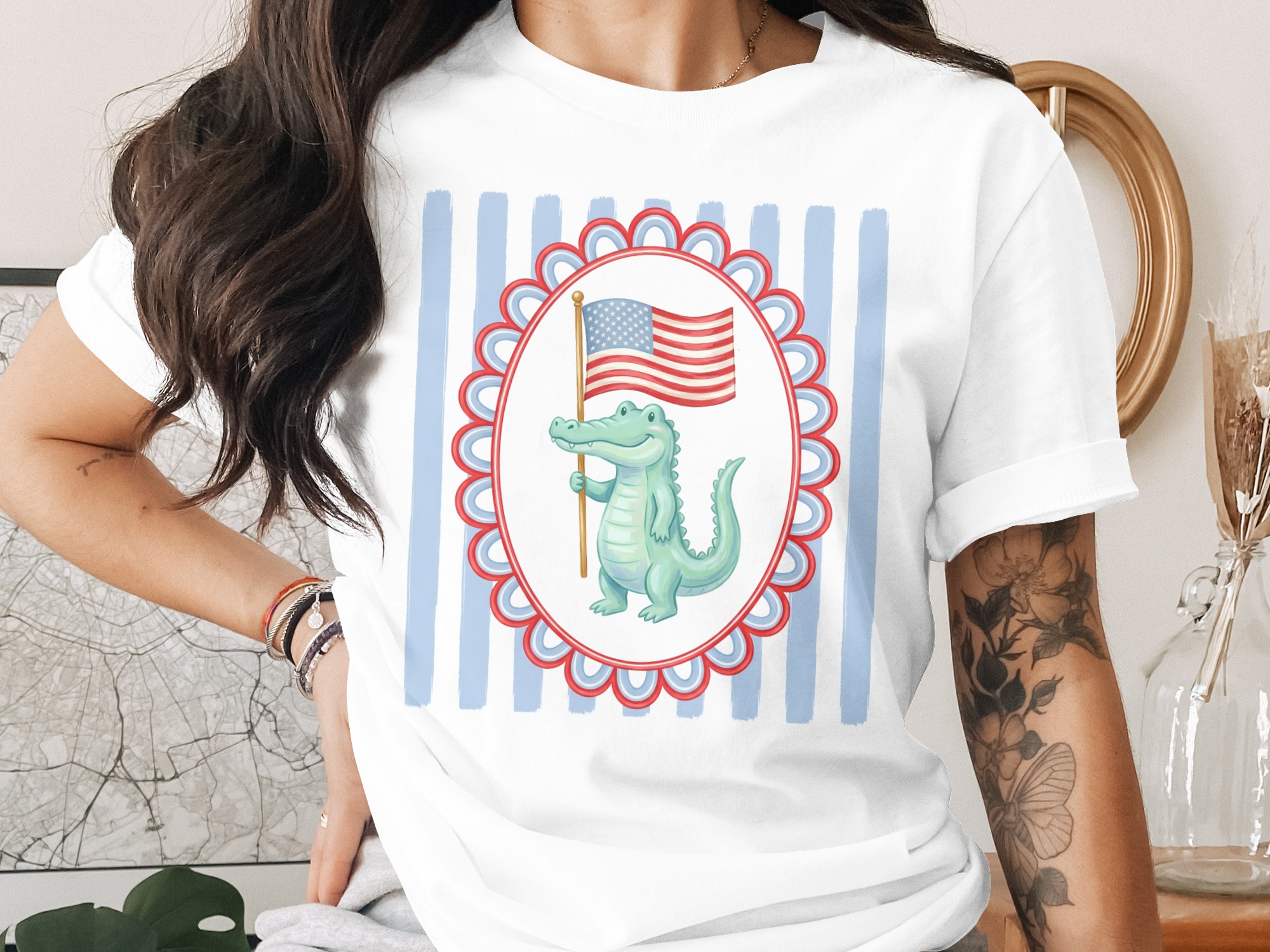 Patriotic Alligator T-Shirt | American Flag Gator Shirt | Cute 4th of July USA Independence Day Tee | Summer Holiday Apparel Gift