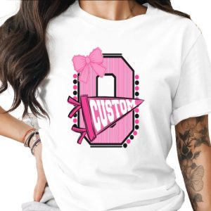 Custom Letter B T-Shirt | Personalized School Mascot Shirt with Pink Varsity Style Pennant & Bow, Cheer Mom Senior Spirit Initials Gift