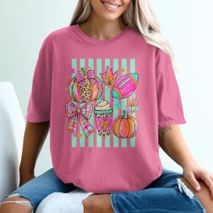 Leopard Print Pumpkin Fall T-Shirt | Preppy Autumn Football Season Tee | Cute Pumpkin Spice Latte & Plaid Bow Women's Trendy Graphic Shirt
